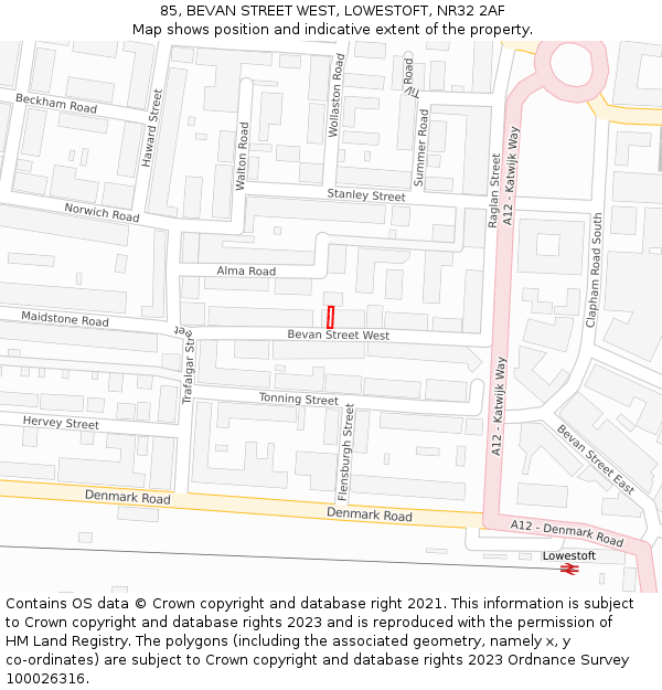 85, BEVAN STREET WEST, LOWESTOFT, NR32 2AF: Location map and indicative extent of plot