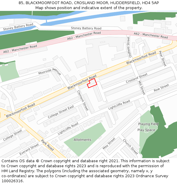 85, BLACKMOORFOOT ROAD, CROSLAND MOOR, HUDDERSFIELD, HD4 5AP: Location map and indicative extent of plot