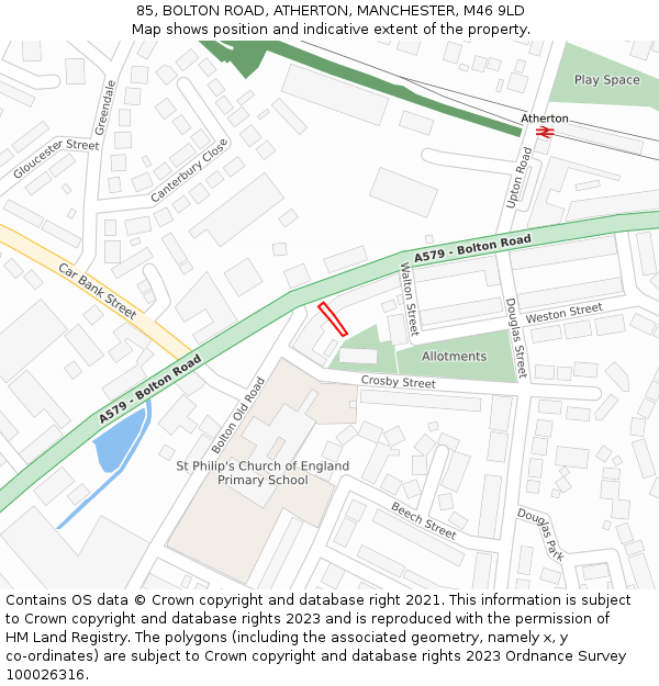 85, BOLTON ROAD, ATHERTON, MANCHESTER, M46 9LD: Location map and indicative extent of plot