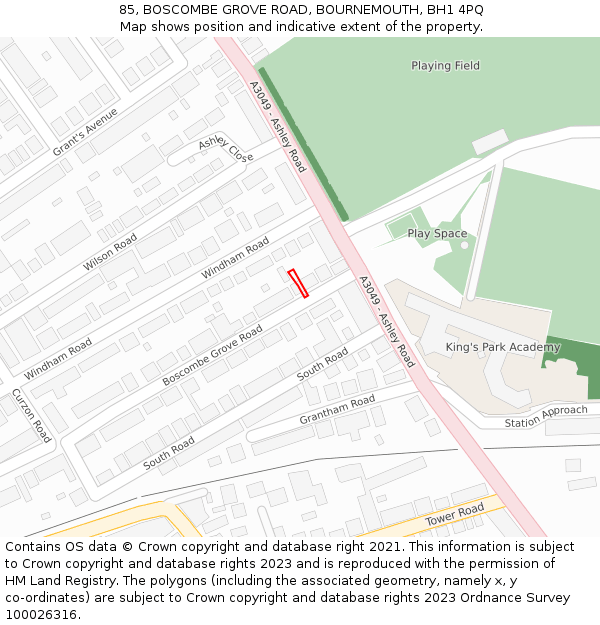 85, BOSCOMBE GROVE ROAD, BOURNEMOUTH, BH1 4PQ: Location map and indicative extent of plot