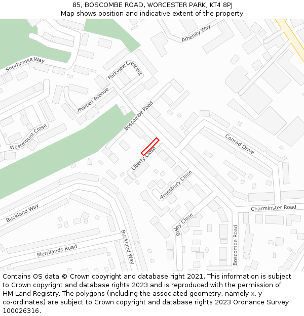 85, BOSCOMBE ROAD, WORCESTER PARK, KT4 8PJ: Location map and indicative extent of plot