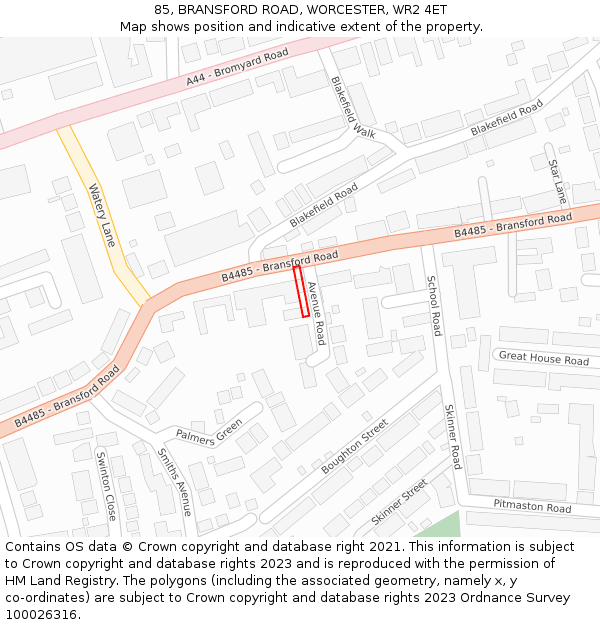 85, BRANSFORD ROAD, WORCESTER, WR2 4ET: Location map and indicative extent of plot