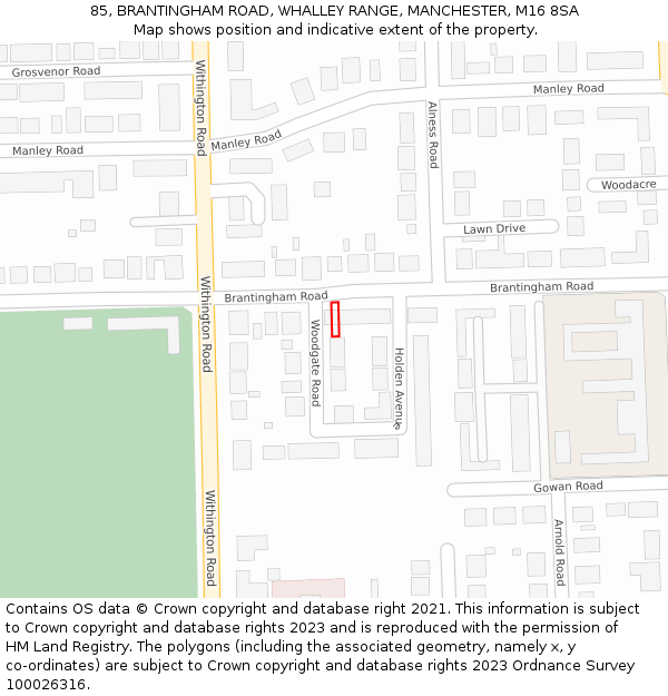 85, BRANTINGHAM ROAD, WHALLEY RANGE, MANCHESTER, M16 8SA: Location map and indicative extent of plot