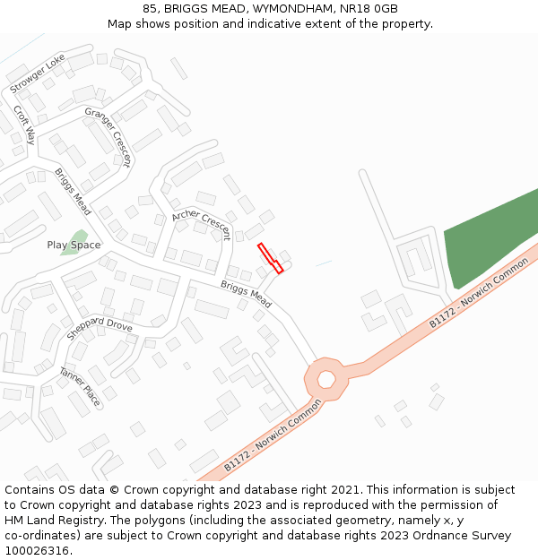 85, BRIGGS MEAD, WYMONDHAM, NR18 0GB: Location map and indicative extent of plot