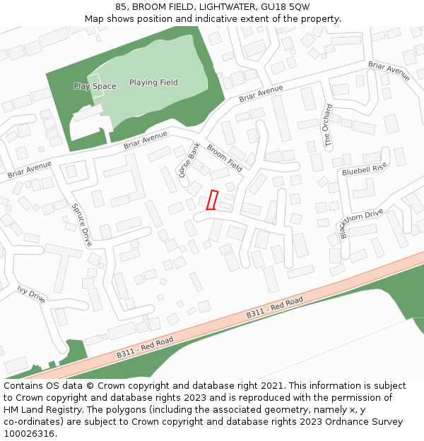 85, BROOM FIELD, LIGHTWATER, GU18 5QW: Location map and indicative extent of plot