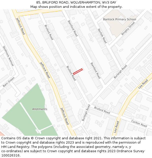 85, BRUFORD ROAD, WOLVERHAMPTON, WV3 0AY: Location map and indicative extent of plot