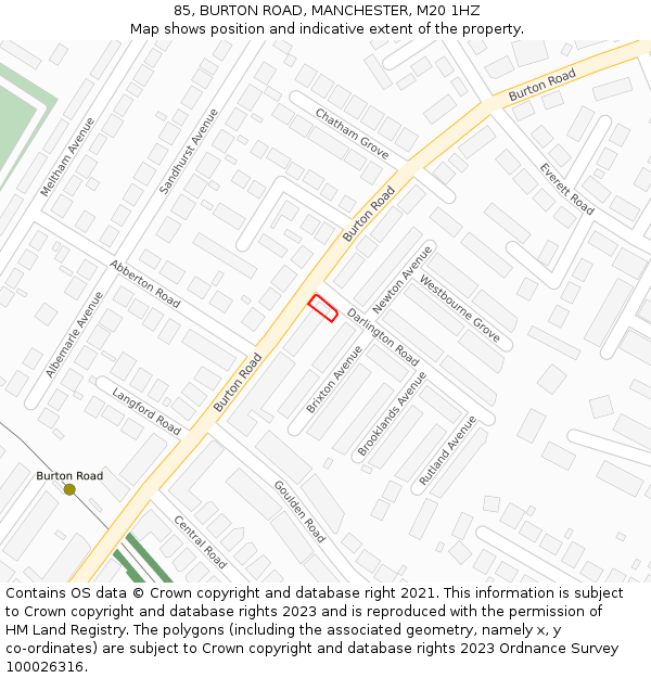 85, BURTON ROAD, MANCHESTER, M20 1HZ: Location map and indicative extent of plot