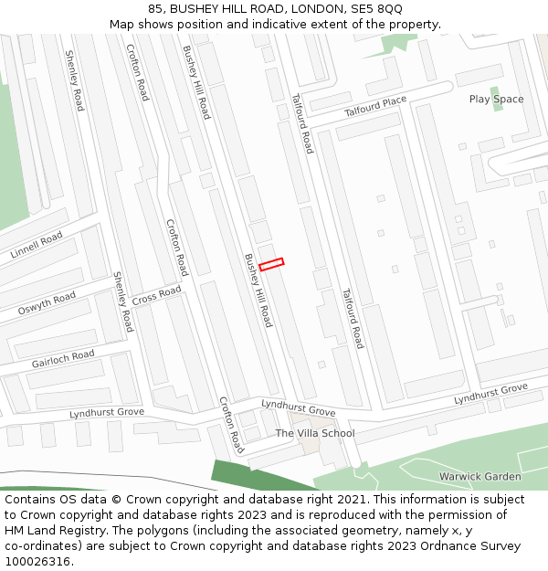 85, BUSHEY HILL ROAD, LONDON, SE5 8QQ: Location map and indicative extent of plot
