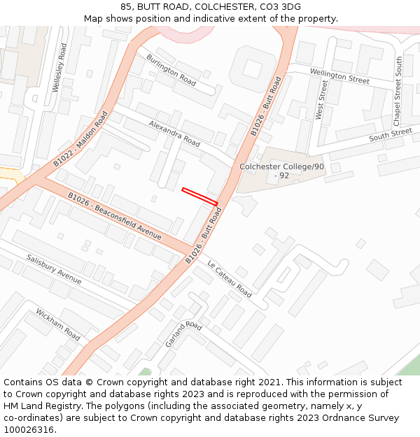 85, BUTT ROAD, COLCHESTER, CO3 3DG: Location map and indicative extent of plot