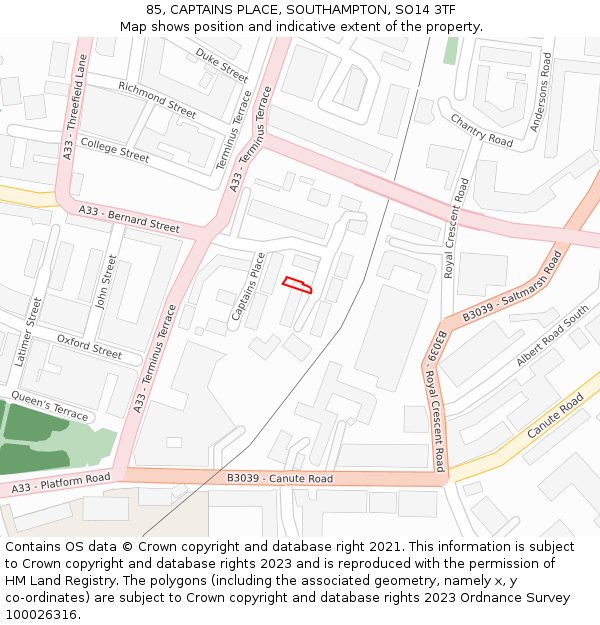 85, CAPTAINS PLACE, SOUTHAMPTON, SO14 3TF: Location map and indicative extent of plot