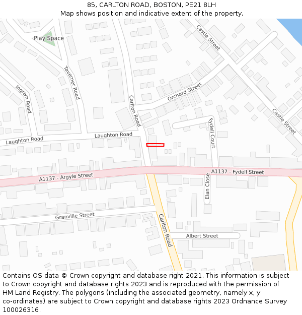 85, CARLTON ROAD, BOSTON, PE21 8LH: Location map and indicative extent of plot