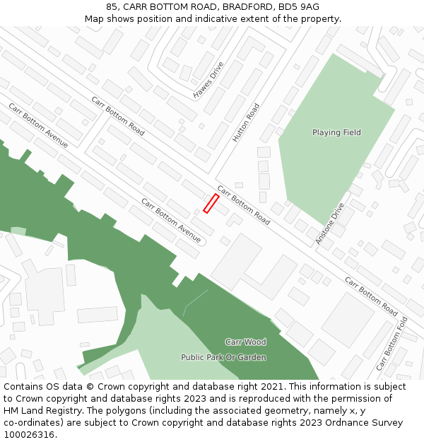 85, CARR BOTTOM ROAD, BRADFORD, BD5 9AG: Location map and indicative extent of plot