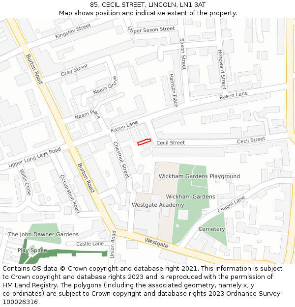 85, CECIL STREET, LINCOLN, LN1 3AT: Location map and indicative extent of plot