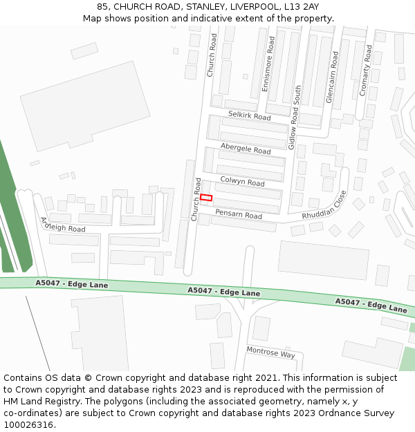 85, CHURCH ROAD, STANLEY, LIVERPOOL, L13 2AY: Location map and indicative extent of plot
