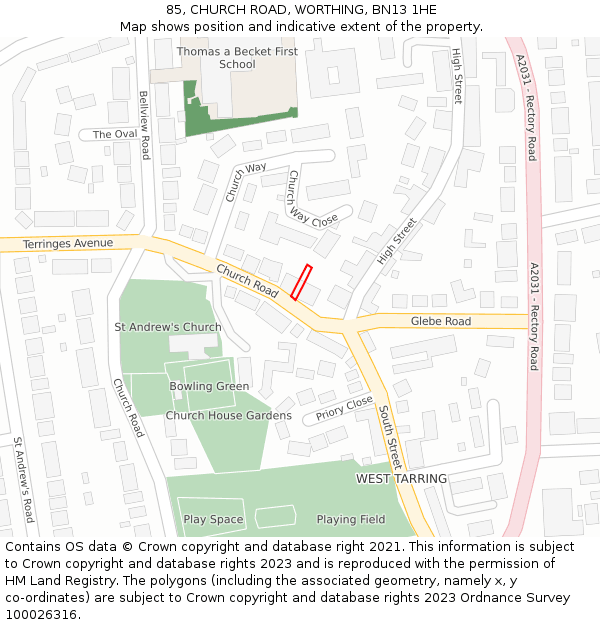 85, CHURCH ROAD, WORTHING, BN13 1HE: Location map and indicative extent of plot
