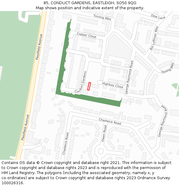 85, CONDUCT GARDENS, EASTLEIGH, SO50 9QG: Location map and indicative extent of plot