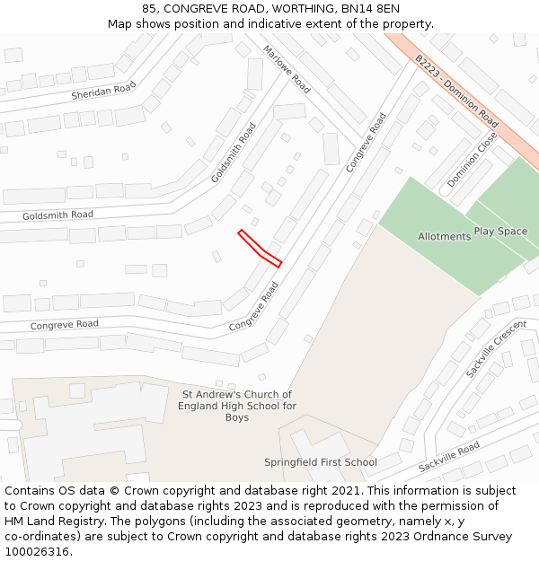 85, CONGREVE ROAD, WORTHING, BN14 8EN: Location map and indicative extent of plot