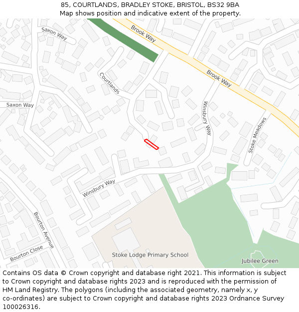 85, COURTLANDS, BRADLEY STOKE, BRISTOL, BS32 9BA: Location map and indicative extent of plot