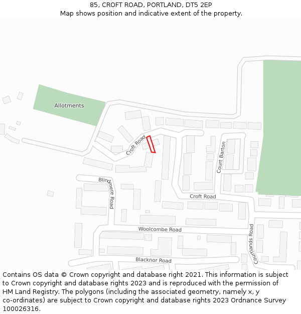 85, CROFT ROAD, PORTLAND, DT5 2EP: Location map and indicative extent of plot