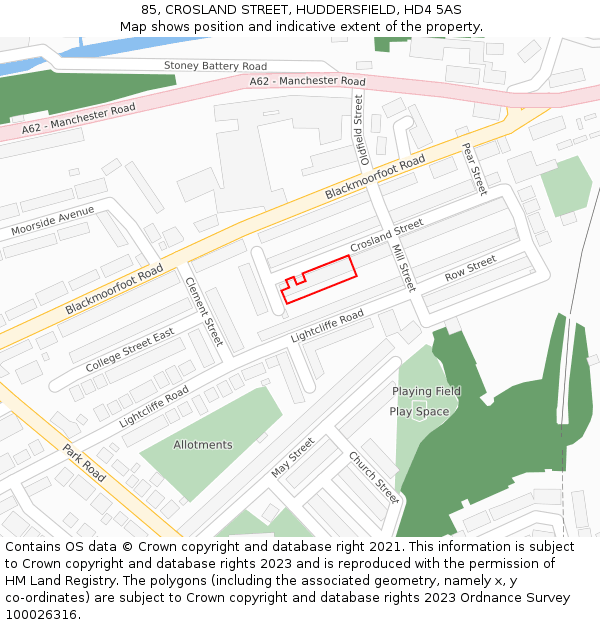 85, CROSLAND STREET, HUDDERSFIELD, HD4 5AS: Location map and indicative extent of plot
