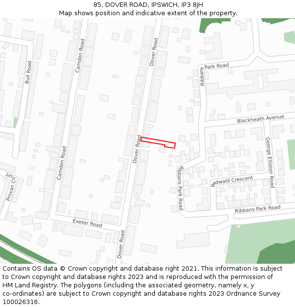 85, DOVER ROAD, IPSWICH, IP3 8JH: Location map and indicative extent of plot