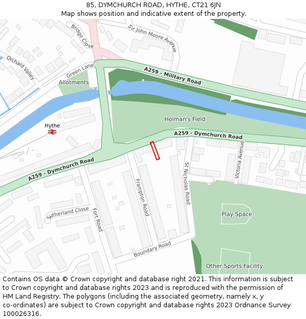 85, DYMCHURCH ROAD, HYTHE, CT21 6JN: Location map and indicative extent of plot