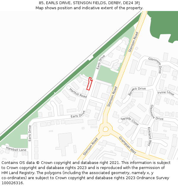 85, EARLS DRIVE, STENSON FIELDS, DERBY, DE24 3FJ: Location map and indicative extent of plot