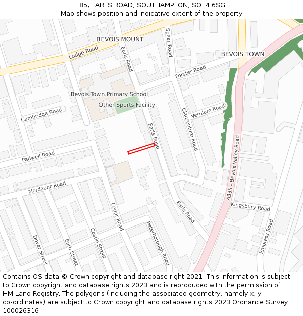 85, EARLS ROAD, SOUTHAMPTON, SO14 6SG: Location map and indicative extent of plot