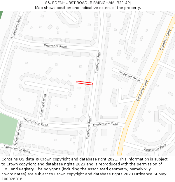 85, EDENHURST ROAD, BIRMINGHAM, B31 4PJ: Location map and indicative extent of plot