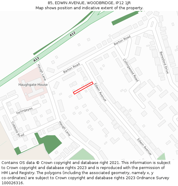 85, EDWIN AVENUE, WOODBRIDGE, IP12 1JR: Location map and indicative extent of plot