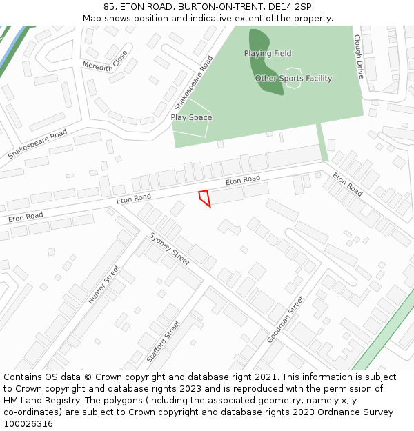 85, ETON ROAD, BURTON-ON-TRENT, DE14 2SP: Location map and indicative extent of plot