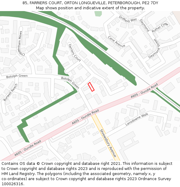 85, FARRIERS COURT, ORTON LONGUEVILLE, PETERBOROUGH, PE2 7DY: Location map and indicative extent of plot