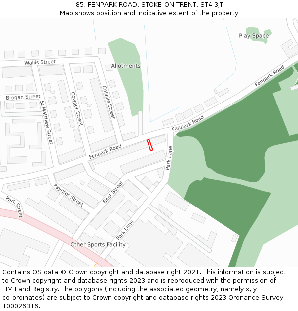85, FENPARK ROAD, STOKE-ON-TRENT, ST4 3JT: Location map and indicative extent of plot