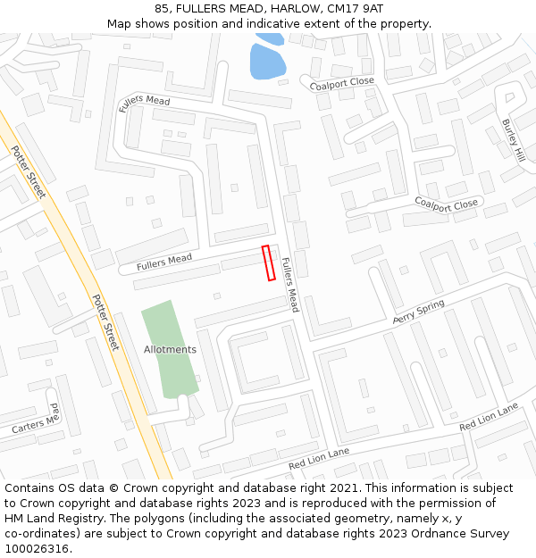 85, FULLERS MEAD, HARLOW, CM17 9AT: Location map and indicative extent of plot