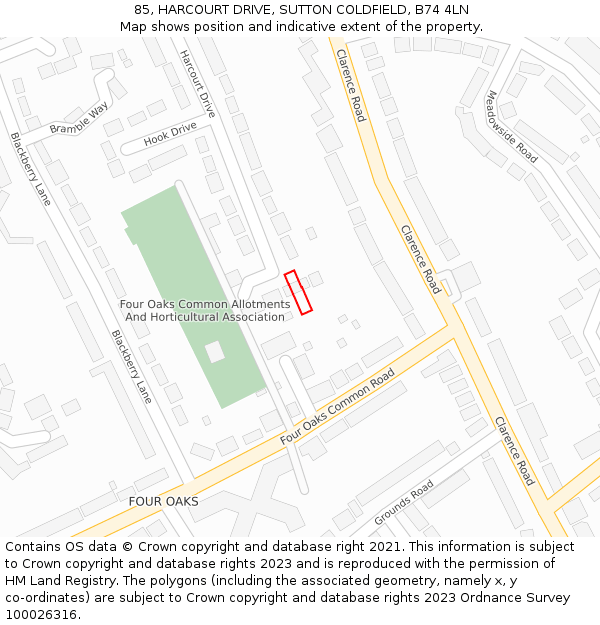 85, HARCOURT DRIVE, SUTTON COLDFIELD, B74 4LN: Location map and indicative extent of plot