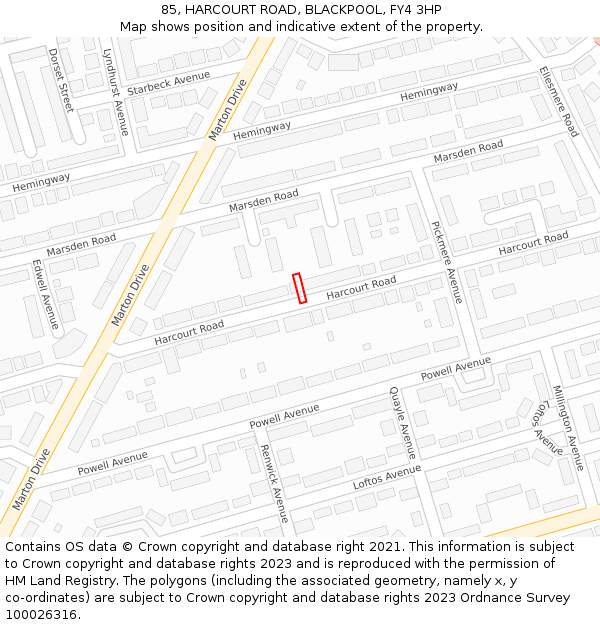 85, HARCOURT ROAD, BLACKPOOL, FY4 3HP: Location map and indicative extent of plot