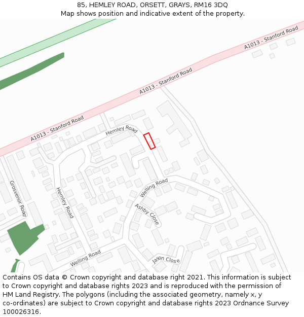 85, HEMLEY ROAD, ORSETT, GRAYS, RM16 3DQ: Location map and indicative extent of plot