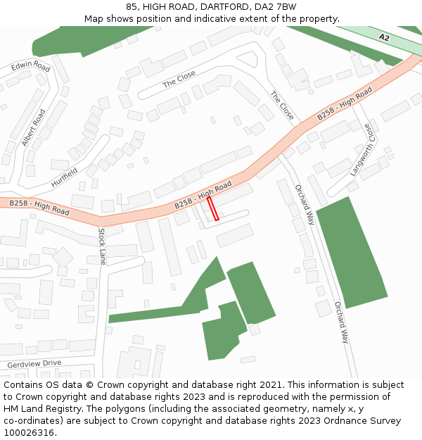 85, HIGH ROAD, DARTFORD, DA2 7BW: Location map and indicative extent of plot