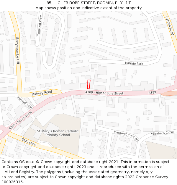85, HIGHER BORE STREET, BODMIN, PL31 1JT: Location map and indicative extent of plot