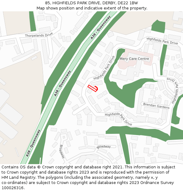 85, HIGHFIELDS PARK DRIVE, DERBY, DE22 1BW: Location map and indicative extent of plot