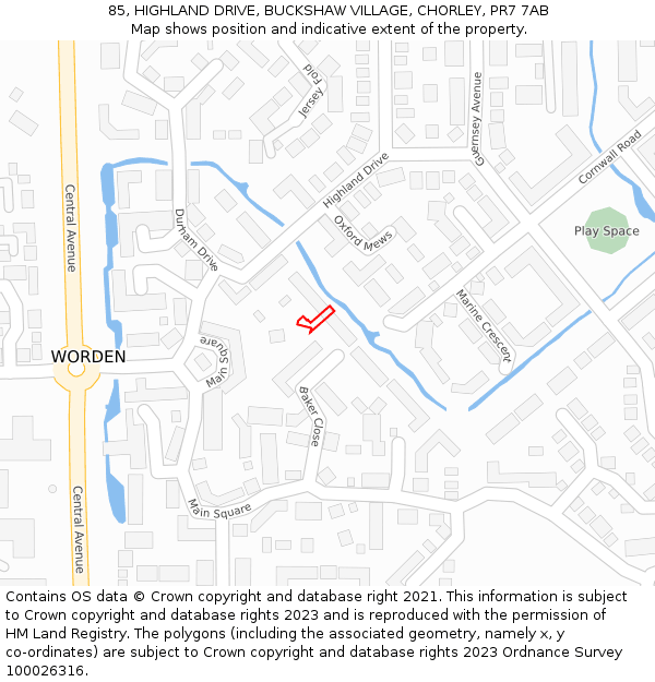 85, HIGHLAND DRIVE, BUCKSHAW VILLAGE, CHORLEY, PR7 7AB: Location map and indicative extent of plot
