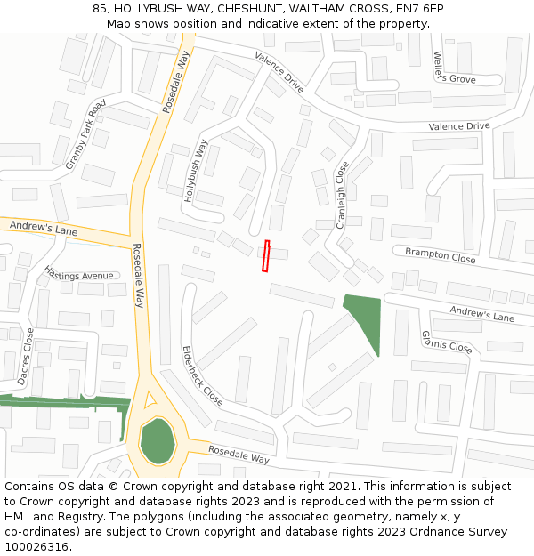 85, HOLLYBUSH WAY, CHESHUNT, WALTHAM CROSS, EN7 6EP: Location map and indicative extent of plot