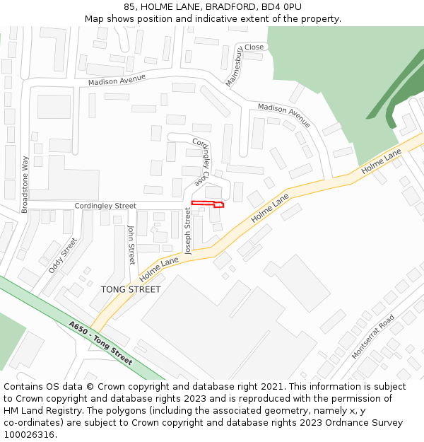 85, HOLME LANE, BRADFORD, BD4 0PU: Location map and indicative extent of plot