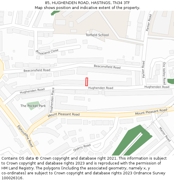 85, HUGHENDEN ROAD, HASTINGS, TN34 3TF: Location map and indicative extent of plot