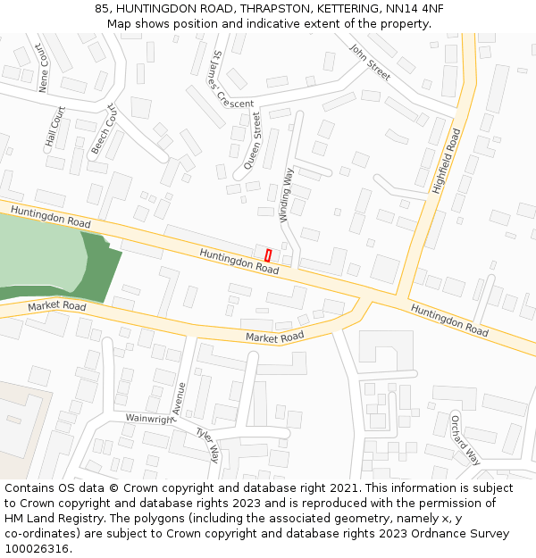 85, HUNTINGDON ROAD, THRAPSTON, KETTERING, NN14 4NF: Location map and indicative extent of plot