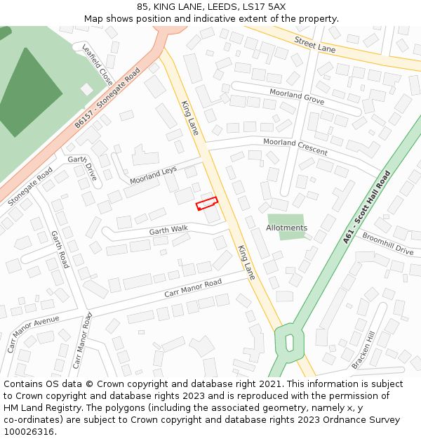 85, KING LANE, LEEDS, LS17 5AX: Location map and indicative extent of plot