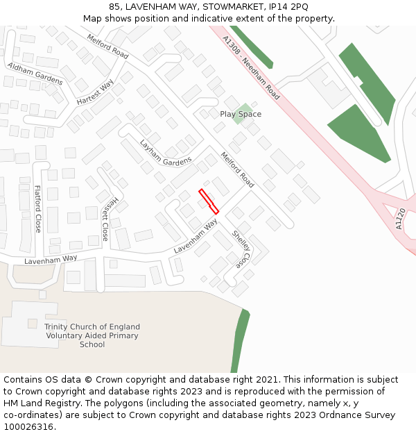 85, LAVENHAM WAY, STOWMARKET, IP14 2PQ: Location map and indicative extent of plot