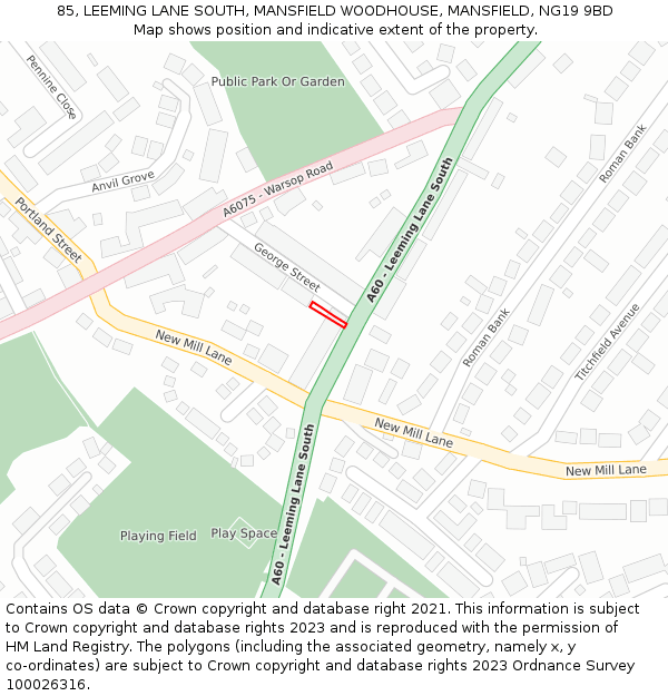 85, LEEMING LANE SOUTH, MANSFIELD WOODHOUSE, MANSFIELD, NG19 9BD: Location map and indicative extent of plot