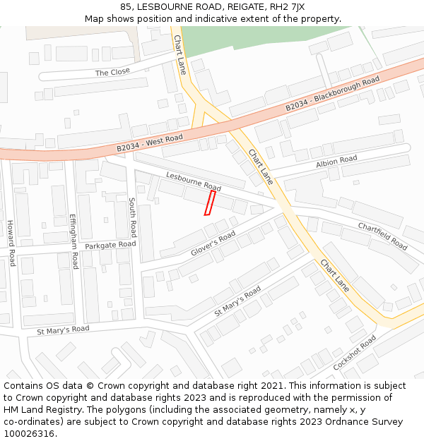 85, LESBOURNE ROAD, REIGATE, RH2 7JX: Location map and indicative extent of plot