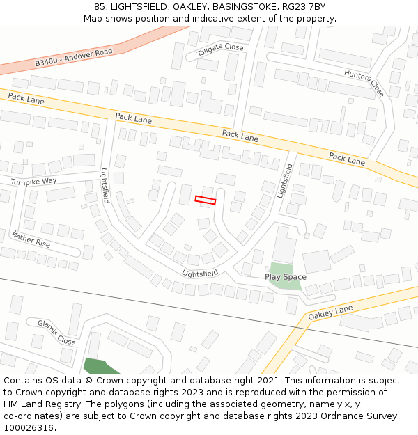 85, LIGHTSFIELD, OAKLEY, BASINGSTOKE, RG23 7BY: Location map and indicative extent of plot